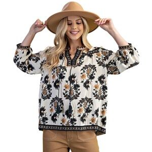 NWT Gigio Size Medium Cream Black Floral Blouse Tassels USA Bohemian Casual